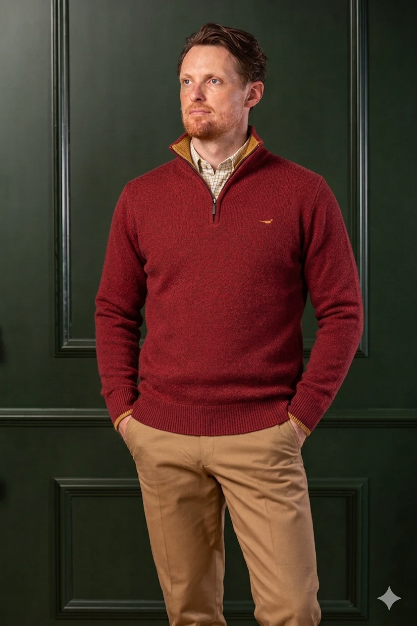 Brompton Zip Neck Lambswool Sweater – Wine